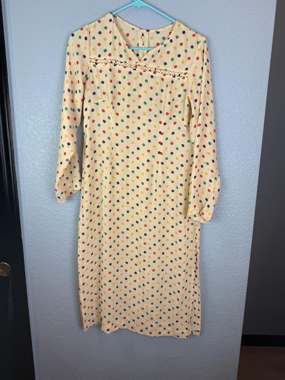 Vintage Polka Dot Dress Womens Medium Cream Multicolor Long Sleeve Boho Mod 70s